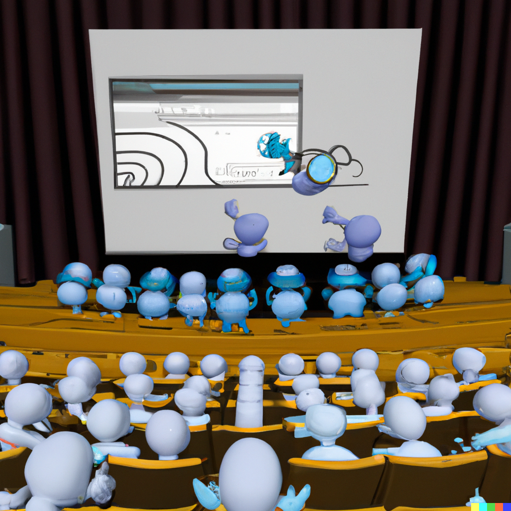 AI-generated image depicting cartoon characters watching a computer code on the big screen in a theatre.